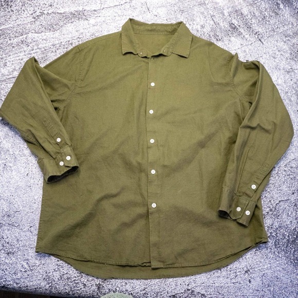 Mens Shirt XL Green Linen Button Down Long Sleeve Outdoors Minimalist Layer - Picture 2 of 16